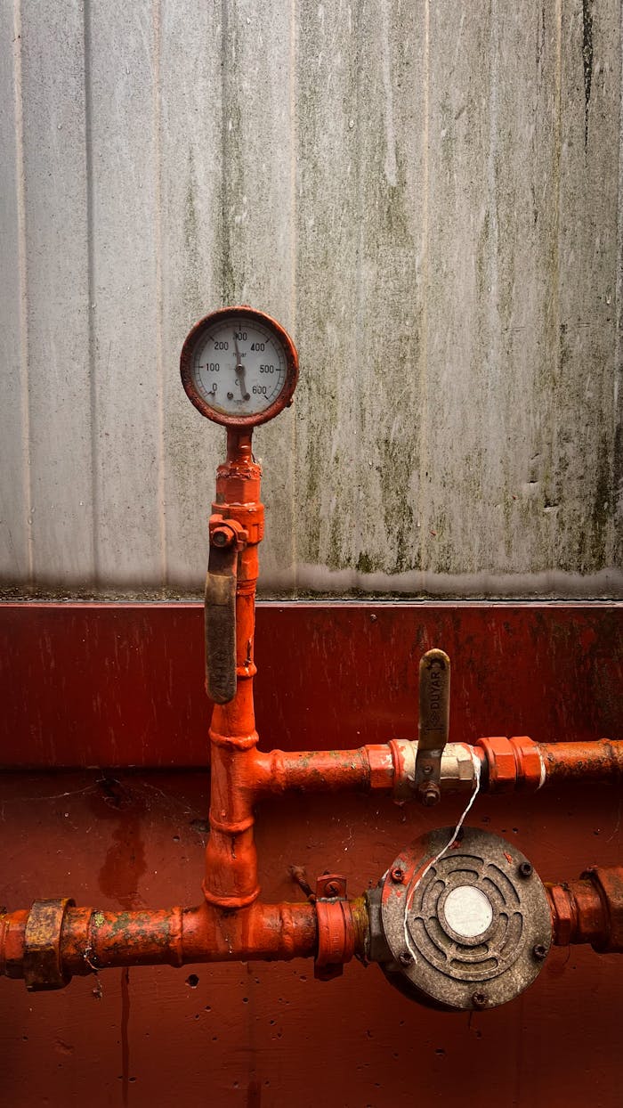 Close-up of a pressure gauge on industrial pipes, showcasing mechanical equipment and infrastructure.